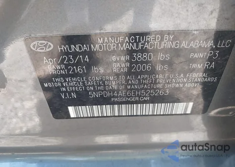 2014 Hyundai Elantra Se z USA, uszkodzony, nr VIN 5NPDH4AE6EH525263